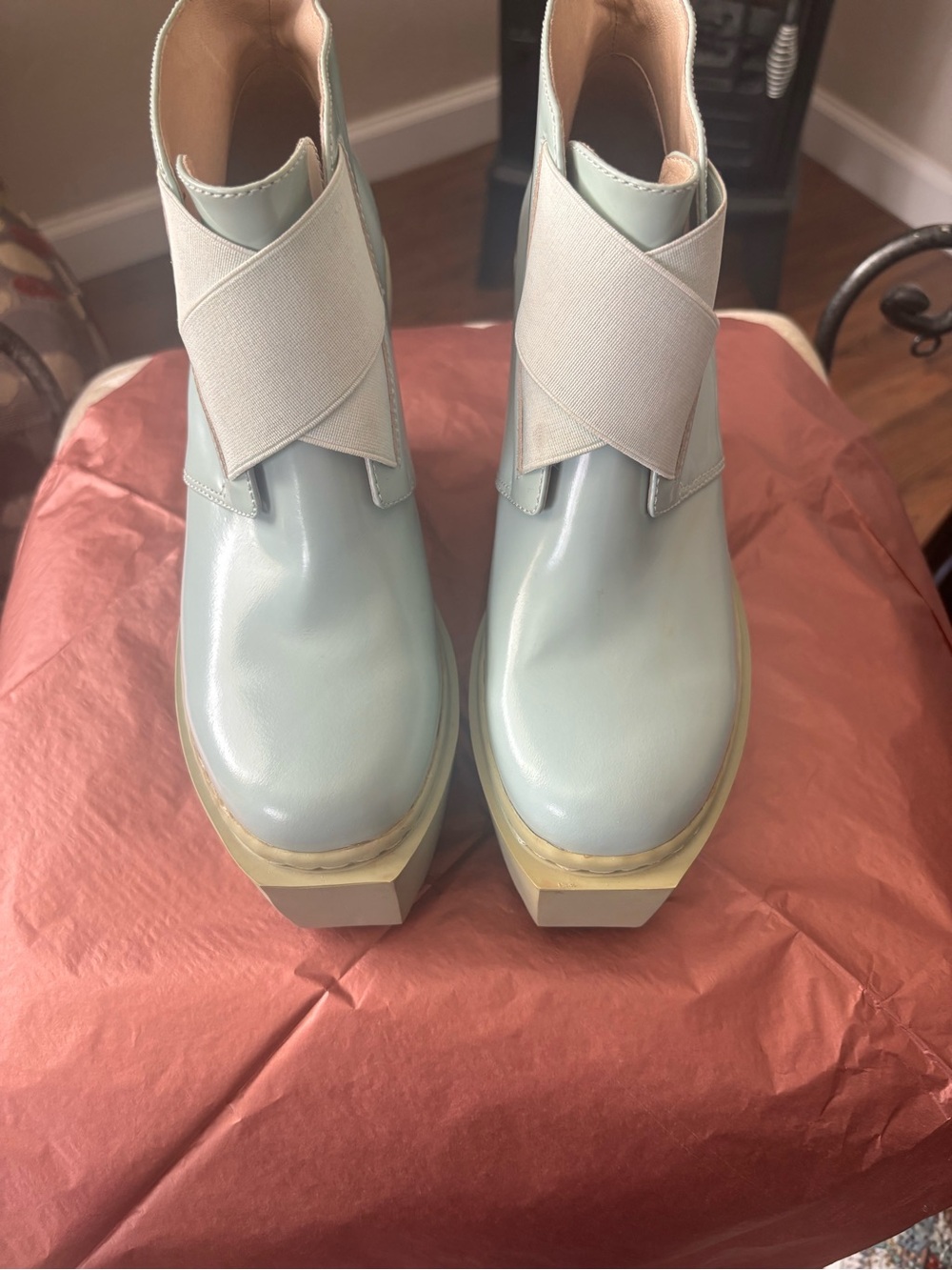 Opening Ceremony Pale Blue Platform Ankle Boots with Cream Elastic Cross Strap